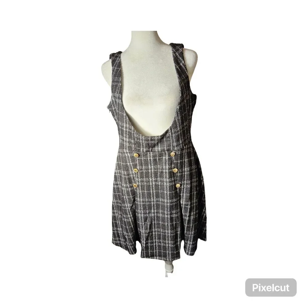 Size Medium Allegra K Women's U Neck Plaid Tweed Mini length Pinafore Dress - Picture 4 of 12